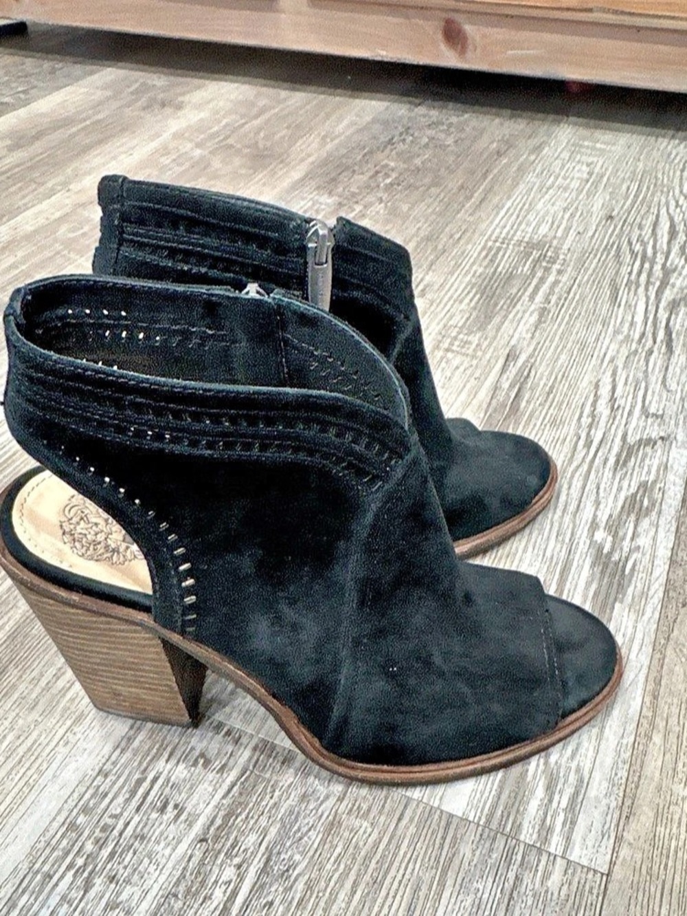 Vince Camuto Katrina Peep Toe Block Heel Bootie Black Suede Ankle Heels